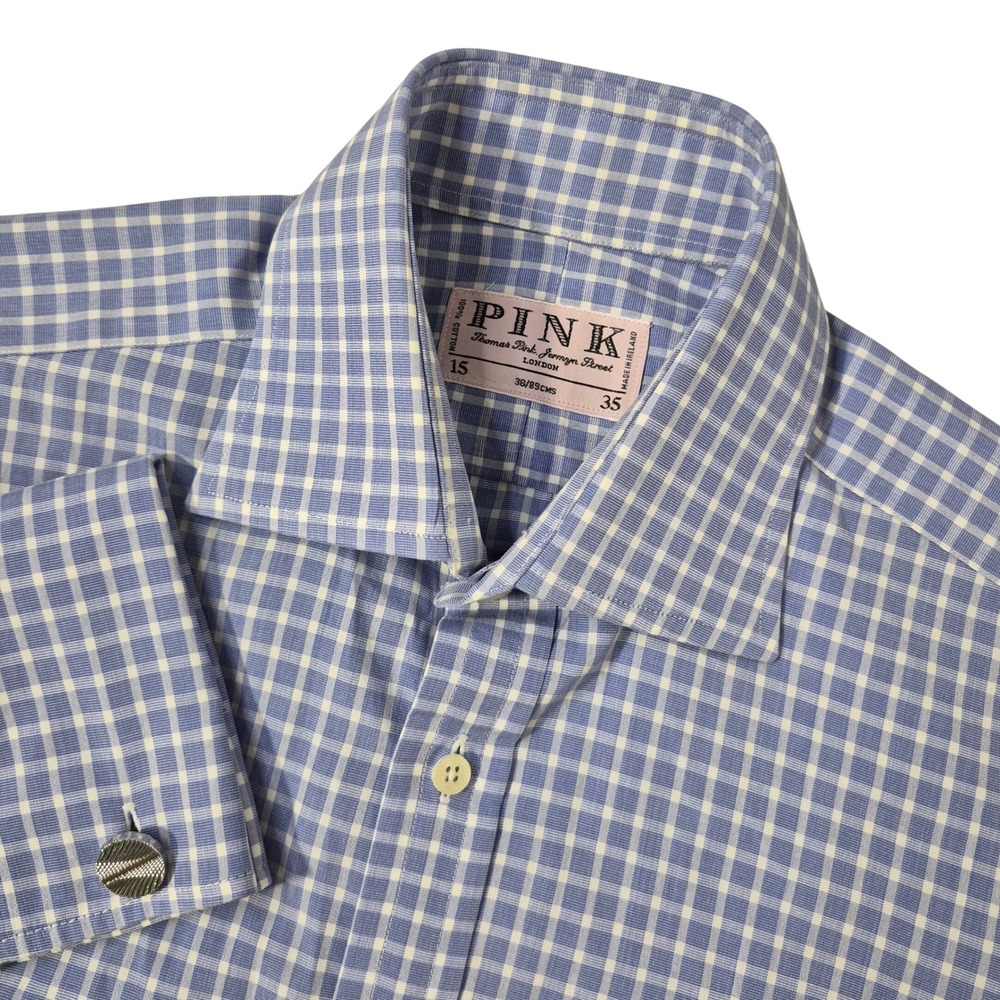 Thomas Pink Dress Shirt Mens 15 35 Blue Gingham Check French Cuff Cotton Preppy